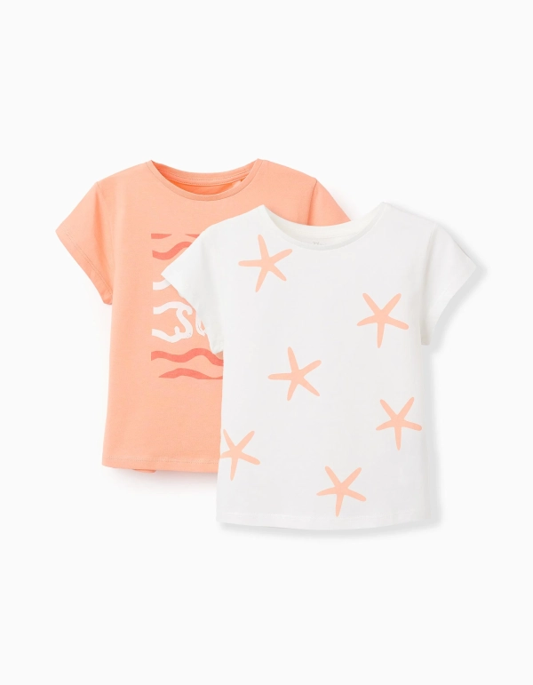 Pack 2 Camisetas Algodón Estrellas Del Mar Coral/Blanco. Zippy