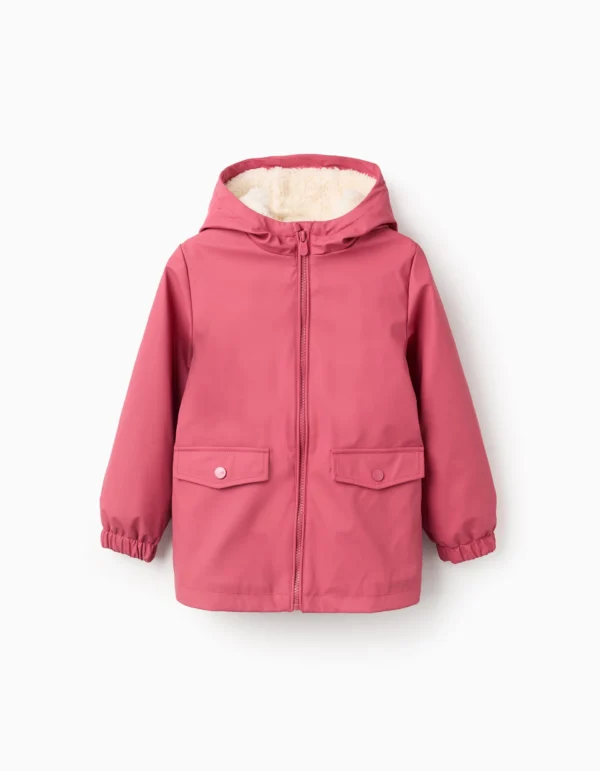 Parka de Goma con Capucha y Forro Sherpa Rosa Oscuro. Zippy