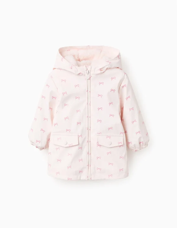 Parka de Goma Capucha Y Pelo Lazos Rosa. Zippy