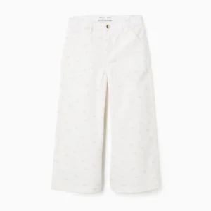 Pantalón Sarga Estampado Wide Leg Blanco/Rosa. Zippy