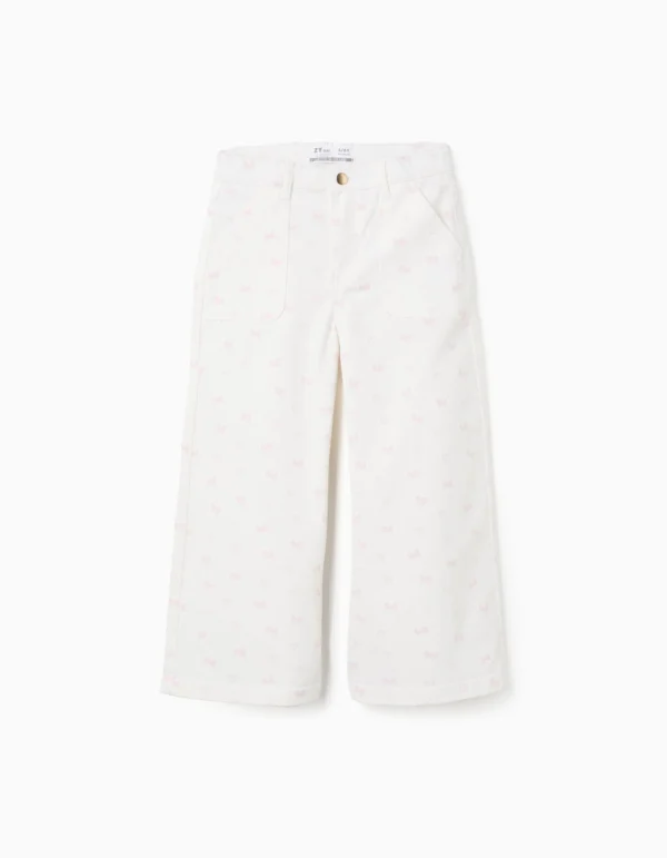 Pantalón Sarga Estampado Wide Leg Blanco/Rosa. Zippy