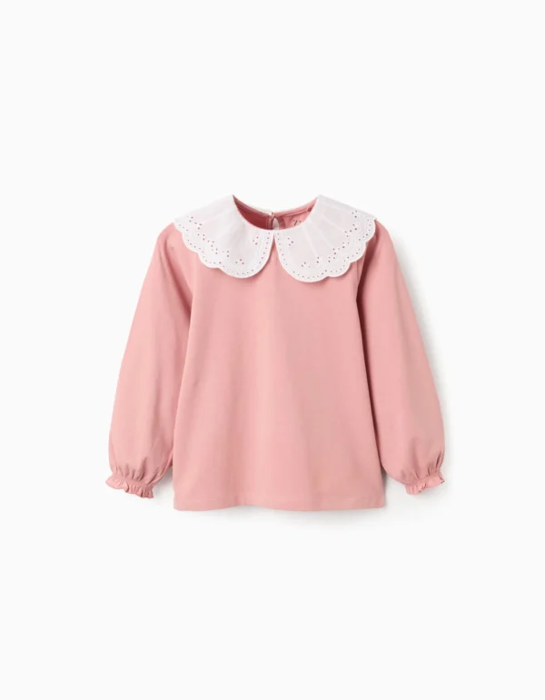 Camiseta Cuello Bordado Inglés Volantes Rosa. Zippy