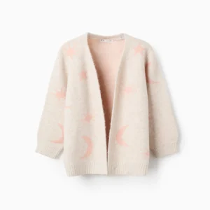 Chaqueta Larga Punto Lúrex Bordado Beige/Rosa. Zippy