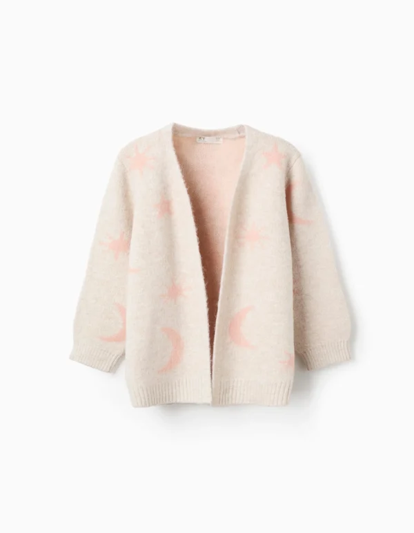 Chaqueta Larga Punto Lúrex Bordado Beige/Rosa. Zippy