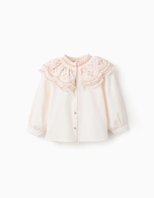 Blusa Popelina Detalles Bordados Blanco/Rosa. Zippy