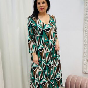 Vestido Midi Geométrico Multicolor con Escote en V