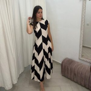 Vestido Midi Geométrico Blanco y Negro Espalda Fruncida
